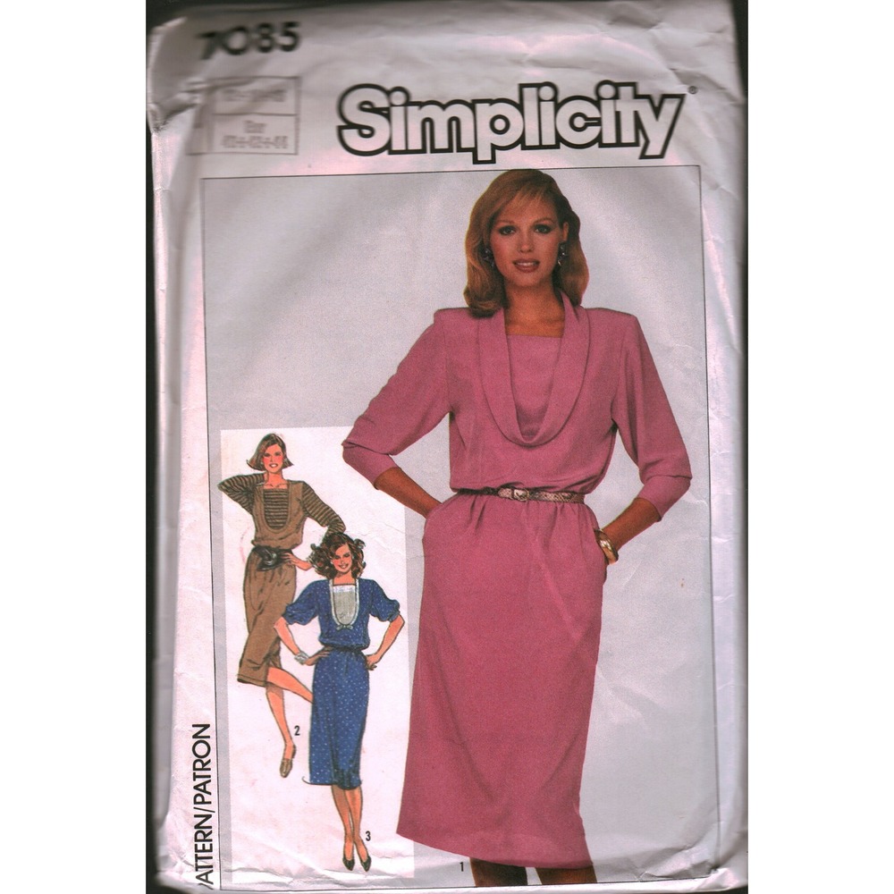 Simplicity 7085 Vintage 80s Misses Dress Pattern Cowl Neck Dickey Size 12-16 cut